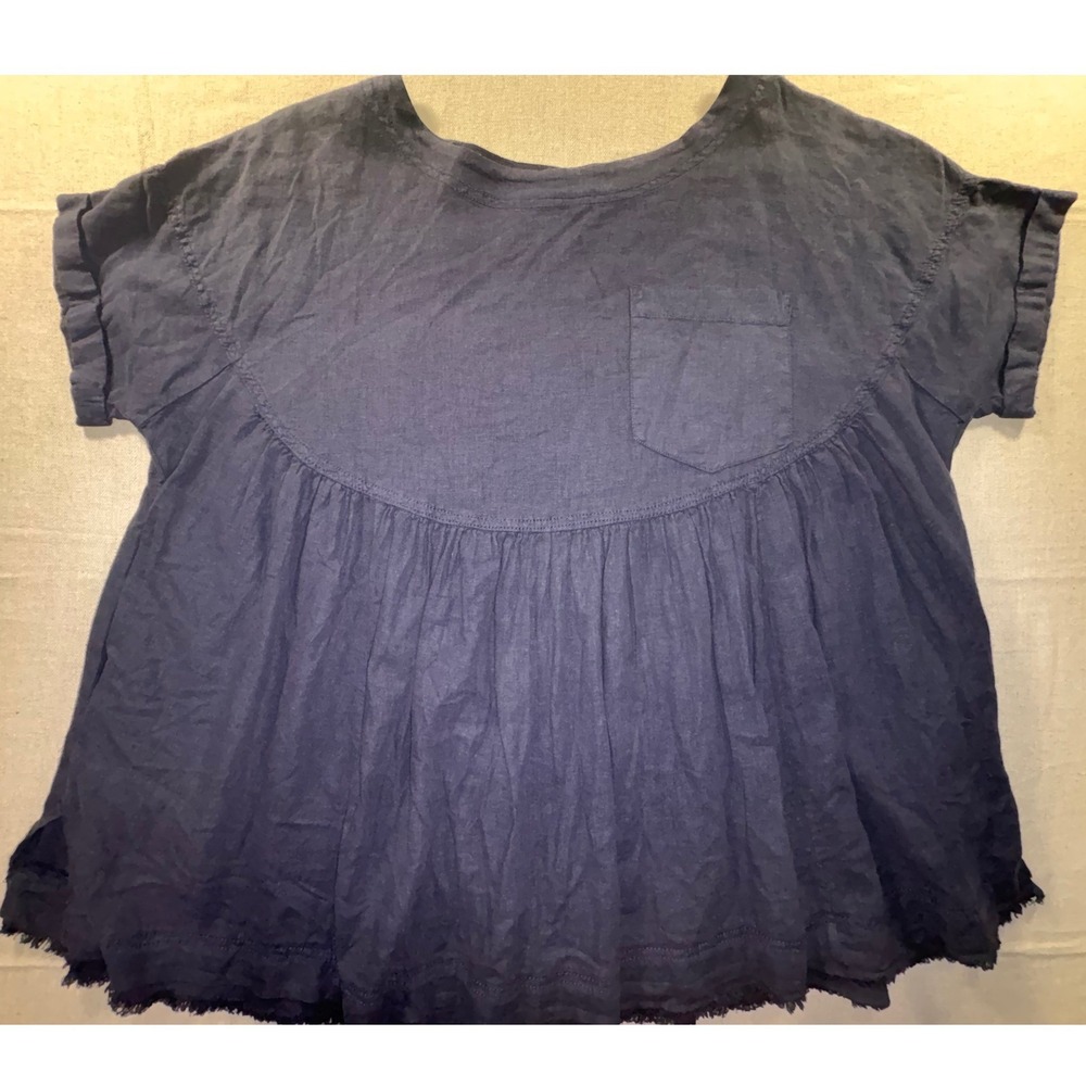 We The Free Free People Navy Blue Babydoll Short Sleeve Frayed Hem Top Small